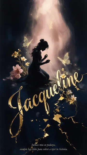 Jacqueline diseño 6 - Composición de ilustración semirrealista cinematográfica con silueta femenina tejiendo un hilo dorado de luz sobre un suelo oscuro fracturado al estilo Kintsugi, donde el nombre resalta en un prominente guión caligráfico dorado que emerge de las grietas, rodeado de flores blancas, mariposas y un fondo degradado de azules profundos iluminado por una luz celestial en tonos melocotón y crema, con una frase de aliento en tipografía blanca en la parte inferior.