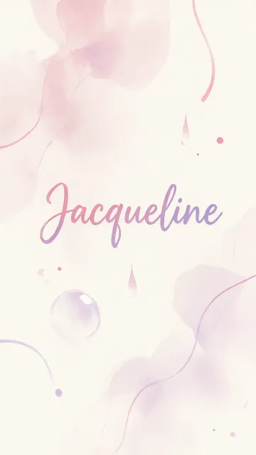 Jacqueline diseño 7 - Diseño abstracto en acuarela sobre fondo crema, con manchas fluidas y etéreas en rosa pastel y lila, líneas curvas que aportan movimiento, pequeñas gotas salpicadas cayendo verticalmente y una burbuja translúcida en la parte superior izquierda. El nombre resalta al centro con una tipografía cursiva amplia y elegante en degradado rosa a morado.