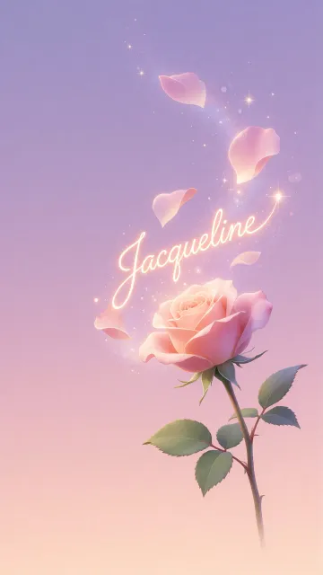 Jacqueline diseño 8 - Fondo de Pantalla con degradado suave que transiciona de lila en la parte superior a melocotón y rosa pastel en la base, destacando una rosa rosada hiperrealista con tallo y hojas verdes. El nombre brilla en tipografía cursiva con efecto neón cálido, adornado con pétalos cayendo y chispas de luz mágica.