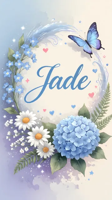 Jade diseño 1 - Hortensias azules, flores pequeñas y acuarela suave con mariposas azules y brillo etéreo