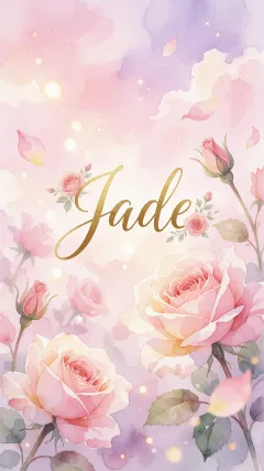 Jade - Diseño estilo acuarela con un fondo etéreo y texturizado en nubes de tonos rosa pastel y lila suave. Presenta composiciones de rosas abiertas y capullos en los bordes inferior y superior, con pétalos cayendo delicadamente. Incorpora destellos de luz cálida (efecto bokeh) y, en el centro, resalta una tipografía elegante, cursiva y fluida en color dorado.