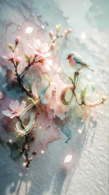 Jade diseño 11 - Un delicado diseño de estilo acuarela digital que combina una tipografía de caligrafía personalizada para el nombre en tonos dorados y rosados suaves, adornada con pequeñas hojas y brotes. Un pajarito azul y naranja vibrante está posado en una de las letras. Todo está rodeado por un marco circular de ramas de cerezo en flor con delicadas flores rosadas y blancas. El fondo es un lavado de acuarela difuminado en tonos pastel suaves de azul cerceta, rosa rubor y melocotón sobre una textura de papel rugoso, con destellos luminosos y motas de luz bokeh flotando alrededor, creando una atmósfera mágica y soñadora. Las sombras suaves proyectadas añaden profundidad.