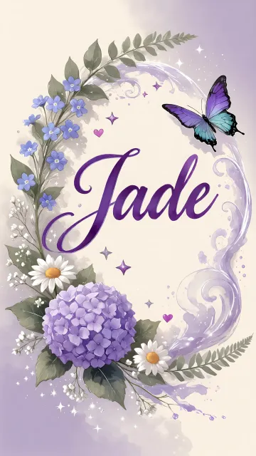 Jade diseño 2 - Diseño elegante de hortensias en tonos lila y morados suaves, con volutas estilizadas y una mariposa mística que aporta un toque etéreo y mágico.