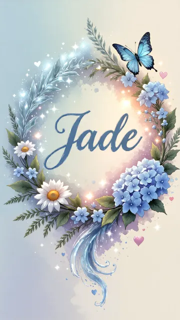 Jade diseño 4 - Composición magica con nombre en letra cursiva azul, rodeado de hortensias azules, margaritas blancas y delicadas flores silvestres, enmarcado por suaves remolinos de agua, mariposas azules y destellos estelares sobre un fondo etéreo y romántico.