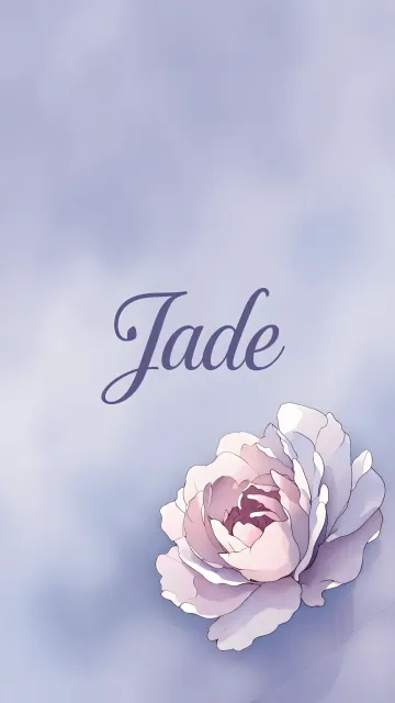 Jade diseño 5 - Nombre en elegante tipografía cursiva caligráfica en tono lavanda, sobre fondo acuarela de cielo nublado en tonos pastel (azul, blanco, lavanda), decorado con rosa en acuarela de pétalos rosa pálido, blanco crema y lilas suaves con hojas en gris-verde.