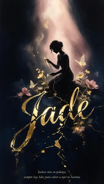 Jade diseño 6 - Composición de ilustración semirrealista cinematográfica con silueta femenina tejiendo un hilo dorado de luz sobre un suelo oscuro fracturado al estilo Kintsugi, donde el nombre resalta en un prominente guión caligráfico dorado que emerge de las grietas, rodeado de flores blancas, mariposas y un fondo degradado de azules profundos iluminado por una luz celestial en tonos melocotón y crema, con una frase de aliento en tipografía blanca en la parte inferior.