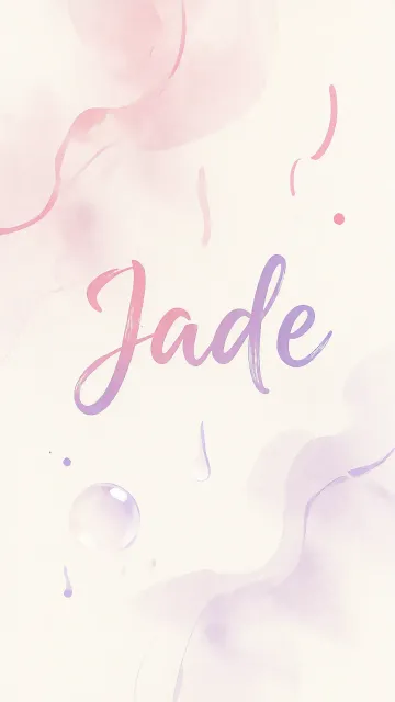Jade diseño 7 - Diseño abstracto en acuarela sobre fondo crema, con manchas fluidas y etéreas en rosa pastel y lila, líneas curvas que aportan movimiento, pequeñas gotas salpicadas cayendo verticalmente y una burbuja translúcida en la parte superior izquierda. El nombre resalta al centro con una tipografía cursiva amplia y elegante en degradado rosa a morado.