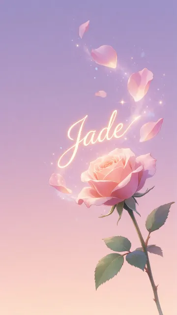 Jade diseño 8 - Fondo de Pantalla con degradado suave que transiciona de lila en la parte superior a melocotón y rosa pastel en la base, destacando una rosa rosada hiperrealista con tallo y hojas verdes. El nombre brilla en tipografía cursiva con efecto neón cálido, adornado con pétalos cayendo y chispas de luz mágica.