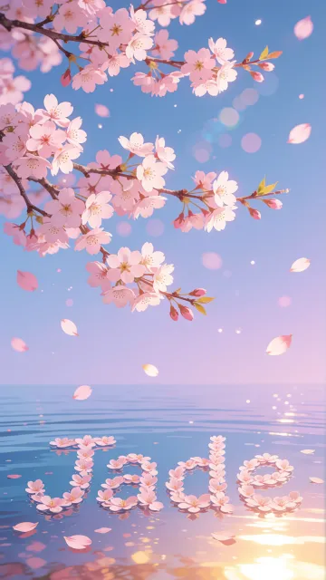 Jade diseño 9 - Composición serena y onírica con ramas de cerezo en flor (sakura) en la parte superior contra un cielo en degradado de azul suave y lila. Pétalos de color rosa pastel flotan delicadamente en el aire cayendo hacia una superficie de agua tranquila y cristalina. En el centro inferior, el nombre está formado por pétalos de flores con un sutil efecto de relieve 3D y tipografía floral, reflejándose sobre el agua que está iluminada por un cálido destello dorado de luz solar en la esquina inferior derecha.