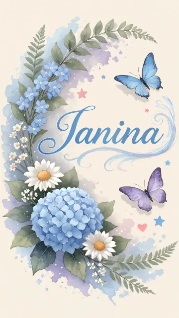 Janina diseño 1 - Hortensias azules, flores pequeñas y acuarela suave con mariposas azules y brillo etéreo