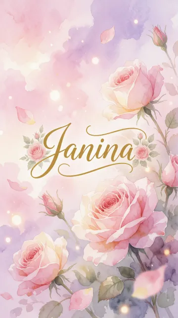 Janina diseño 10 - Diseño estilo acuarela con un fondo etéreo y texturizado en nubes de tonos rosa pastel y lila suave. Presenta composiciones de rosas abiertas y capullos en los bordes inferior y superior, con pétalos cayendo delicadamente. Incorpora destellos de luz cálida (efecto bokeh) y, en el centro, resalta una tipografía elegante, cursiva y fluida en color dorado.