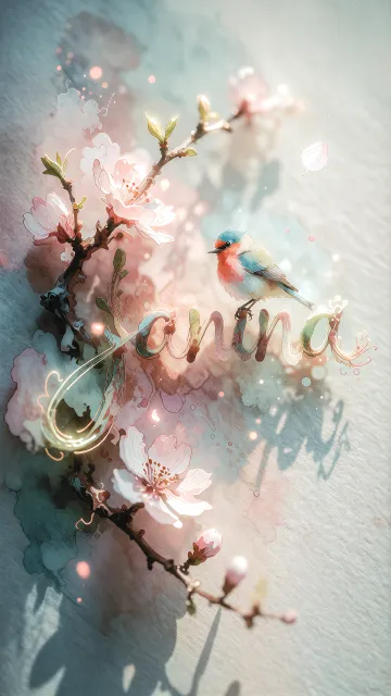 Janina diseño 11 - Un delicado diseño de estilo acuarela digital que combina una tipografía de caligrafía personalizada para el nombre en tonos dorados y rosados suaves, adornada con pequeñas hojas y brotes. Un pajarito azul y naranja vibrante está posado en una de las letras. Todo está rodeado por un marco circular de ramas de cerezo en flor con delicadas flores rosadas y blancas. El fondo es un lavado de acuarela difuminado en tonos pastel suaves de azul cerceta, rosa rubor y melocotón sobre una textura de papel rugoso, con destellos luminosos y motas de luz bokeh flotando alrededor, creando una atmósfera mágica y soñadora. Las sombras suaves proyectadas añaden profundidad.