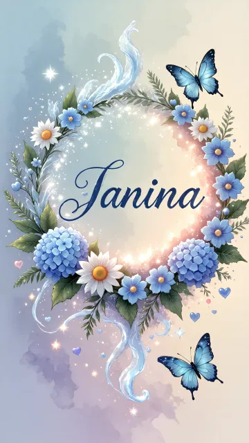 Janina diseño 4 - Composición magica con nombre en letra cursiva azul, rodeado de hortensias azules, margaritas blancas y delicadas flores silvestres, enmarcado por suaves remolinos de agua, mariposas azules y destellos estelares sobre un fondo etéreo y romántico.