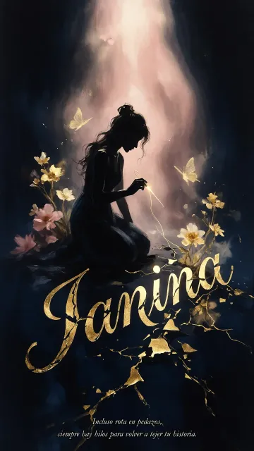 Janina diseño 6 - Composición de ilustración semirrealista cinematográfica con silueta femenina tejiendo un hilo dorado de luz sobre un suelo oscuro fracturado al estilo Kintsugi, donde el nombre resalta en un prominente guión caligráfico dorado que emerge de las grietas, rodeado de flores blancas, mariposas y un fondo degradado de azules profundos iluminado por una luz celestial en tonos melocotón y crema, con una frase de aliento en tipografía blanca en la parte inferior.