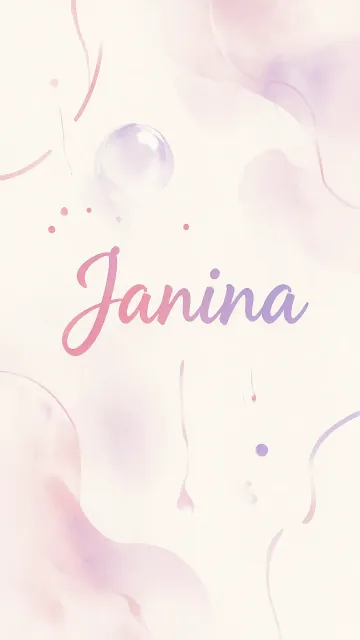 Janina diseño 7 - Diseño abstracto en acuarela sobre fondo crema, con manchas fluidas y etéreas en rosa pastel y lila, líneas curvas que aportan movimiento, pequeñas gotas salpicadas cayendo verticalmente y una burbuja translúcida en la parte superior izquierda. El nombre resalta al centro con una tipografía cursiva amplia y elegante en degradado rosa a morado.