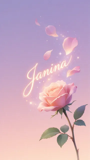 Janina diseño 8 - Fondo de Pantalla con degradado suave que transiciona de lila en la parte superior a melocotón y rosa pastel en la base, destacando una rosa rosada hiperrealista con tallo y hojas verdes. El nombre brilla en tipografía cursiva con efecto neón cálido, adornado con pétalos cayendo y chispas de luz mágica.