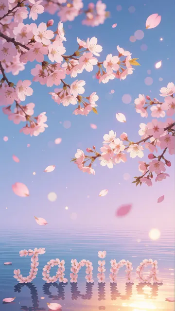 Janina diseño 9 - Composición serena y onírica con ramas de cerezo en flor (sakura) en la parte superior contra un cielo en degradado de azul suave y lila. Pétalos de color rosa pastel flotan delicadamente en el aire cayendo hacia una superficie de agua tranquila y cristalina. En el centro inferior, el nombre está formado por pétalos de flores con un sutil efecto de relieve 3D y tipografía floral, reflejándose sobre el agua que está iluminada por un cálido destello dorado de luz solar en la esquina inferior derecha.