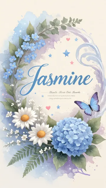 Jasmine diseño 1 - Hortensias azules, flores pequeñas y acuarela suave con mariposas azules y brillo etéreo