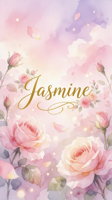 Jasmine diseño 10 - Diseño estilo acuarela con un fondo etéreo y texturizado en nubes de tonos rosa pastel y lila suave. Presenta composiciones de rosas abiertas y capullos en los bordes inferior y superior, con pétalos cayendo delicadamente. Incorpora destellos de luz cálida (efecto bokeh) y, en el centro, resalta una tipografía elegante, cursiva y fluida en color dorado.