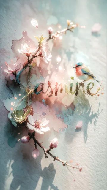 Jasmine diseño 11 - Un delicado diseño de estilo acuarela digital que combina una tipografía de caligrafía personalizada para el nombre en tonos dorados y rosados suaves, adornada con pequeñas hojas y brotes. Un pajarito azul y naranja vibrante está posado en una de las letras. Todo está rodeado por un marco circular de ramas de cerezo en flor con delicadas flores rosadas y blancas. El fondo es un lavado de acuarela difuminado en tonos pastel suaves de azul cerceta, rosa rubor y melocotón sobre una textura de papel rugoso, con destellos luminosos y motas de luz bokeh flotando alrededor, creando una atmósfera mágica y soñadora. Las sombras suaves proyectadas añaden profundidad.