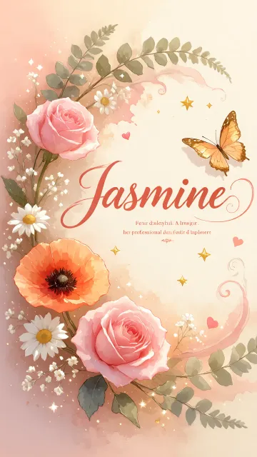 Jasmine diseño 3 - Elegante composición de rosas rosadas y amapolas naranjas con mariposas doradas brillantes sobre un fondo cálido, romántico y mágico.