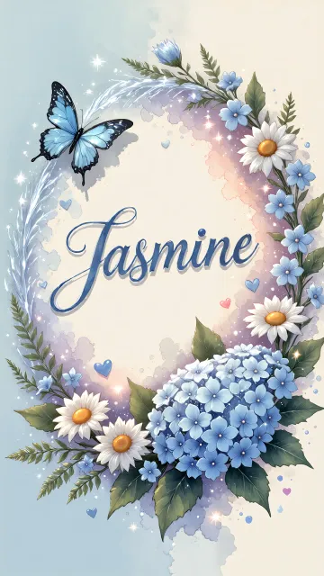 Jasmine diseño 4 - Composición magica con nombre en letra cursiva azul, rodeado de hortensias azules, margaritas blancas y delicadas flores silvestres, enmarcado por suaves remolinos de agua, mariposas azules y destellos estelares sobre un fondo etéreo y romántico.
