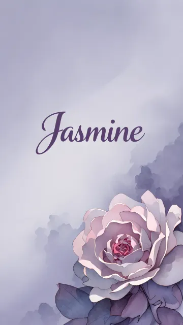 Jasmine diseño 5 - Nombre en elegante tipografía cursiva caligráfica en tono lavanda, sobre fondo acuarela de cielo nublado en tonos pastel (azul, blanco, lavanda), decorado con rosa en acuarela de pétalos rosa pálido, blanco crema y lilas suaves con hojas en gris-verde.