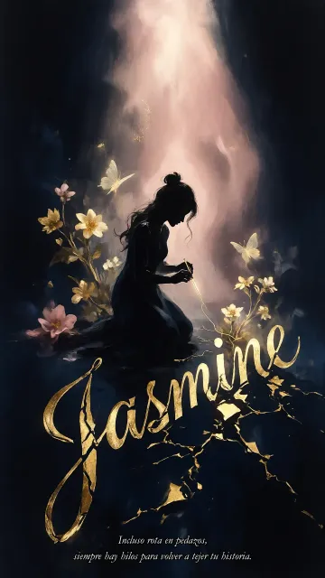 Jasmine diseño 6 - Composición de ilustración semirrealista cinematográfica con silueta femenina tejiendo un hilo dorado de luz sobre un suelo oscuro fracturado al estilo Kintsugi, donde el nombre resalta en un prominente guión caligráfico dorado que emerge de las grietas, rodeado de flores blancas, mariposas y un fondo degradado de azules profundos iluminado por una luz celestial en tonos melocotón y crema, con una frase de aliento en tipografía blanca en la parte inferior.