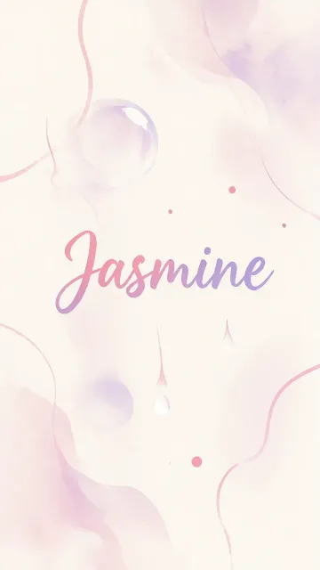 Jasmine diseño 7 - Diseño abstracto en acuarela sobre fondo crema, con manchas fluidas y etéreas en rosa pastel y lila, líneas curvas que aportan movimiento, pequeñas gotas salpicadas cayendo verticalmente y una burbuja translúcida en la parte superior izquierda. El nombre resalta al centro con una tipografía cursiva amplia y elegante en degradado rosa a morado.