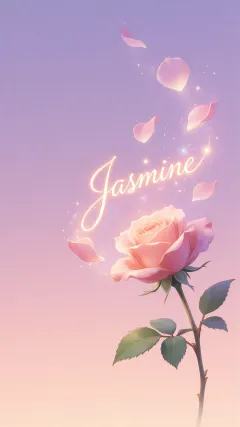 Jasmine - Fondo de Pantalla con degradado suave que transiciona de lila en la parte superior a melocotón y rosa pastel en la base, destacando una rosa rosada hiperrealista con tallo y hojas verdes. El nombre brilla en tipografía cursiva con efecto neón cálido, adornado con pétalos cayendo y chispas de luz mágica.