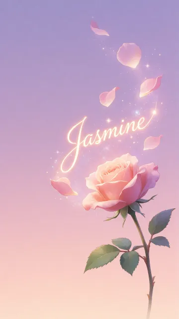 Jasmine diseño 8 - Fondo de Pantalla con degradado suave que transiciona de lila en la parte superior a melocotón y rosa pastel en la base, destacando una rosa rosada hiperrealista con tallo y hojas verdes. El nombre brilla en tipografía cursiva con efecto neón cálido, adornado con pétalos cayendo y chispas de luz mágica.