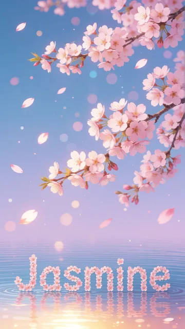 Jasmine diseño 9 - Composición serena y onírica con ramas de cerezo en flor (sakura) en la parte superior contra un cielo en degradado de azul suave y lila. Pétalos de color rosa pastel flotan delicadamente en el aire cayendo hacia una superficie de agua tranquila y cristalina. En el centro inferior, el nombre está formado por pétalos de flores con un sutil efecto de relieve 3D y tipografía floral, reflejándose sobre el agua que está iluminada por un cálido destello dorado de luz solar en la esquina inferior derecha.