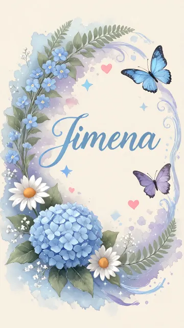 Jimena diseño 1 - Hortensias azules, flores pequeñas y acuarela suave con mariposas azules y brillo etéreo