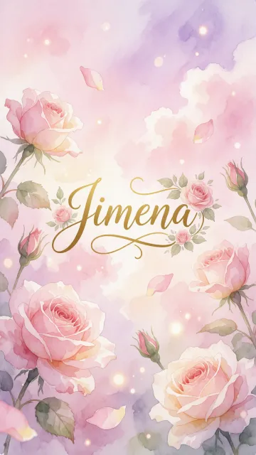 Jimena diseño 10 - Diseño estilo acuarela con un fondo etéreo y texturizado en nubes de tonos rosa pastel y lila suave. Presenta composiciones de rosas abiertas y capullos en los bordes inferior y superior, con pétalos cayendo delicadamente. Incorpora destellos de luz cálida (efecto bokeh) y, en el centro, resalta una tipografía elegante, cursiva y fluida en color dorado.
