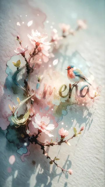 Jimena diseño 11 - Un delicado diseño de estilo acuarela digital que combina una tipografía de caligrafía personalizada para el nombre en tonos dorados y rosados suaves, adornada con pequeñas hojas y brotes. Un pajarito azul y naranja vibrante está posado en una de las letras. Todo está rodeado por un marco circular de ramas de cerezo en flor con delicadas flores rosadas y blancas. El fondo es un lavado de acuarela difuminado en tonos pastel suaves de azul cerceta, rosa rubor y melocotón sobre una textura de papel rugoso, con destellos luminosos y motas de luz bokeh flotando alrededor, creando una atmósfera mágica y soñadora. Las sombras suaves proyectadas añaden profundidad.