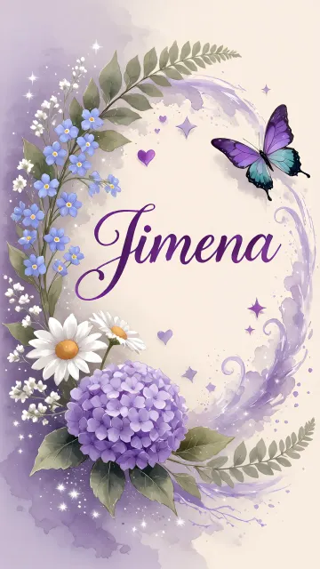Jimena diseño 2 - Diseño elegante de hortensias en tonos lila y morados suaves, con volutas estilizadas y una mariposa mística que aporta un toque etéreo y mágico.