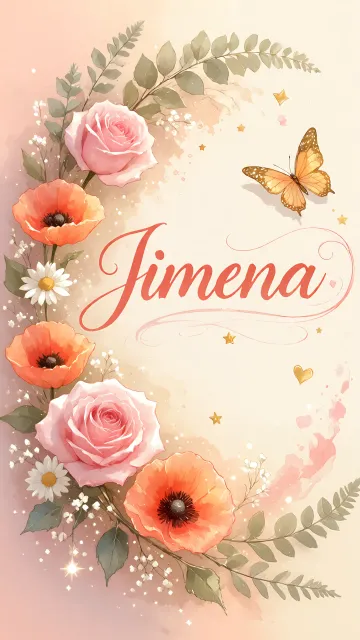 Jimena diseño 3 - Elegante composición de rosas rosadas y amapolas naranjas con mariposas doradas brillantes sobre un fondo cálido, romántico y mágico.