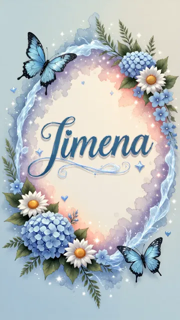 Jimena diseño 4 - Composición magica con nombre en letra cursiva azul, rodeado de hortensias azules, margaritas blancas y delicadas flores silvestres, enmarcado por suaves remolinos de agua, mariposas azules y destellos estelares sobre un fondo etéreo y romántico.