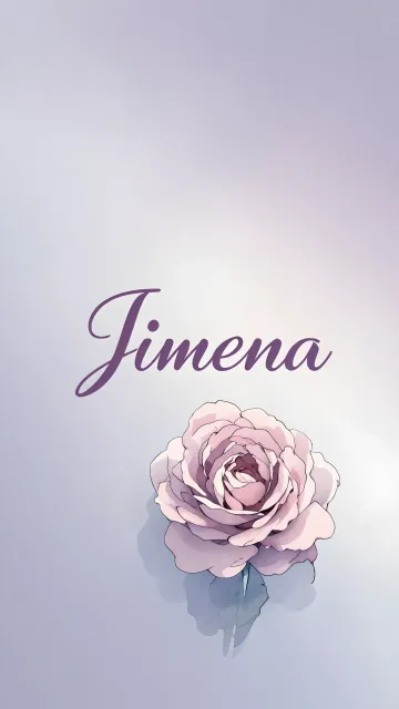 Jimena diseño 5 - Nombre en elegante tipografía cursiva caligráfica en tono lavanda, sobre fondo acuarela de cielo nublado en tonos pastel (azul, blanco, lavanda), decorado con rosa en acuarela de pétalos rosa pálido, blanco crema y lilas suaves con hojas en gris-verde.