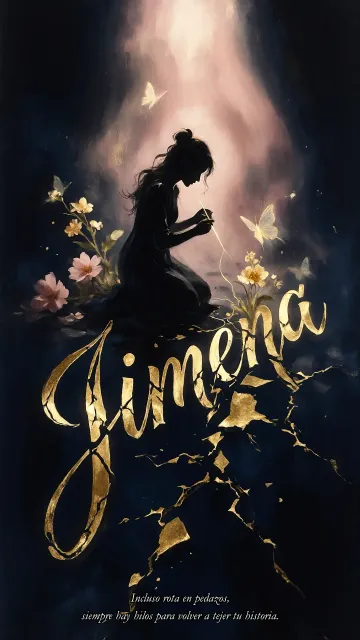 Jimena diseño 6 - Composición de ilustración semirrealista cinematográfica con silueta femenina tejiendo un hilo dorado de luz sobre un suelo oscuro fracturado al estilo Kintsugi, donde el nombre resalta en un prominente guión caligráfico dorado que emerge de las grietas, rodeado de flores blancas, mariposas y un fondo degradado de azules profundos iluminado por una luz celestial en tonos melocotón y crema, con una frase de aliento en tipografía blanca en la parte inferior.