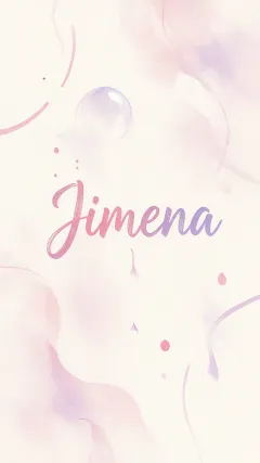 Jimena - Diseño abstracto en acuarela sobre fondo crema, con manchas fluidas y etéreas en rosa pastel y lila, líneas curvas que aportan movimiento, pequeñas gotas salpicadas cayendo verticalmente y una burbuja translúcida en la parte superior izquierda. El nombre resalta al centro con una tipografía cursiva amplia y elegante en degradado rosa a morado.