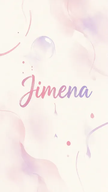 Jimena diseño 7 - Diseño abstracto en acuarela sobre fondo crema, con manchas fluidas y etéreas en rosa pastel y lila, líneas curvas que aportan movimiento, pequeñas gotas salpicadas cayendo verticalmente y una burbuja translúcida en la parte superior izquierda. El nombre resalta al centro con una tipografía cursiva amplia y elegante en degradado rosa a morado.