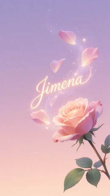 Jimena diseño 8 - Fondo de Pantalla con degradado suave que transiciona de lila en la parte superior a melocotón y rosa pastel en la base, destacando una rosa rosada hiperrealista con tallo y hojas verdes. El nombre brilla en tipografía cursiva con efecto neón cálido, adornado con pétalos cayendo y chispas de luz mágica.