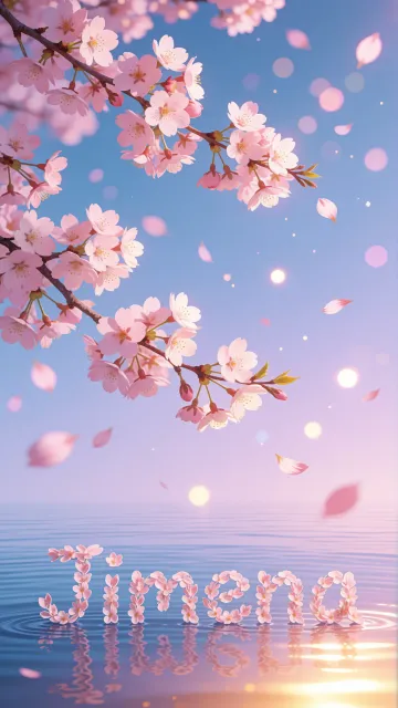 Jimena diseño 9 - Composición serena y onírica con ramas de cerezo en flor (sakura) en la parte superior contra un cielo en degradado de azul suave y lila. Pétalos de color rosa pastel flotan delicadamente en el aire cayendo hacia una superficie de agua tranquila y cristalina. En el centro inferior, el nombre está formado por pétalos de flores con un sutil efecto de relieve 3D y tipografía floral, reflejándose sobre el agua que está iluminada por un cálido destello dorado de luz solar en la esquina inferior derecha.