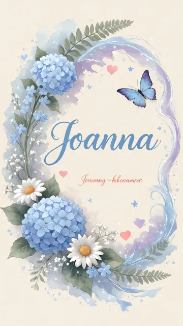 Joanna diseño 1 - Hortensias azules, flores pequeñas y acuarela suave con mariposas azules y brillo etéreo