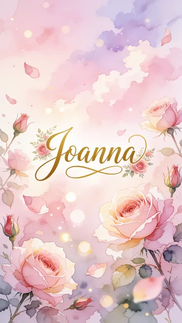 Joanna diseño 10 - Diseño estilo acuarela con un fondo etéreo y texturizado en nubes de tonos rosa pastel y lila suave. Presenta composiciones de rosas abiertas y capullos en los bordes inferior y superior, con pétalos cayendo delicadamente. Incorpora destellos de luz cálida (efecto bokeh) y, en el centro, resalta una tipografía elegante, cursiva y fluida en color dorado.