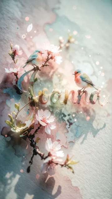 Joanna diseño 11 - Un delicado diseño de estilo acuarela digital que combina una tipografía de caligrafía personalizada para el nombre en tonos dorados y rosados suaves, adornada con pequeñas hojas y brotes. Un pajarito azul y naranja vibrante está posado en una de las letras. Todo está rodeado por un marco circular de ramas de cerezo en flor con delicadas flores rosadas y blancas. El fondo es un lavado de acuarela difuminado en tonos pastel suaves de azul cerceta, rosa rubor y melocotón sobre una textura de papel rugoso, con destellos luminosos y motas de luz bokeh flotando alrededor, creando una atmósfera mágica y soñadora. Las sombras suaves proyectadas añaden profundidad.