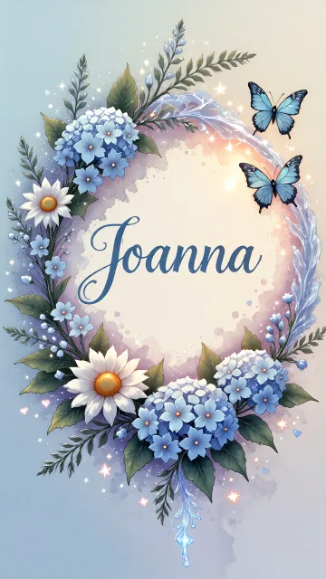 Joanna diseño 4 - Composición magica con nombre en letra cursiva azul, rodeado de hortensias azules, margaritas blancas y delicadas flores silvestres, enmarcado por suaves remolinos de agua, mariposas azules y destellos estelares sobre un fondo etéreo y romántico.