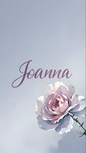 Joanna diseño 5 - Nombre en elegante tipografía cursiva caligráfica en tono lavanda, sobre fondo acuarela de cielo nublado en tonos pastel (azul, blanco, lavanda), decorado con rosa en acuarela de pétalos rosa pálido, blanco crema y lilas suaves con hojas en gris-verde.
