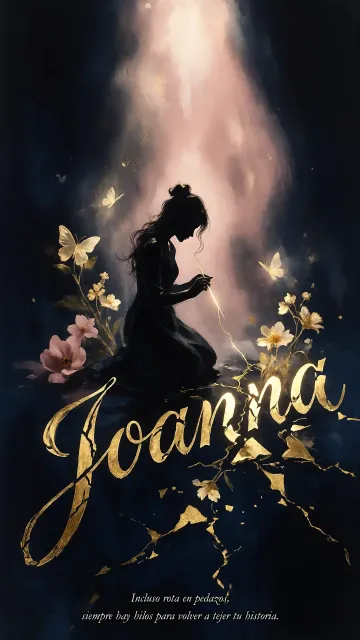 Joanna diseño 6 - Composición de ilustración semirrealista cinematográfica con silueta femenina tejiendo un hilo dorado de luz sobre un suelo oscuro fracturado al estilo Kintsugi, donde el nombre resalta en un prominente guión caligráfico dorado que emerge de las grietas, rodeado de flores blancas, mariposas y un fondo degradado de azules profundos iluminado por una luz celestial en tonos melocotón y crema, con una frase de aliento en tipografía blanca en la parte inferior.